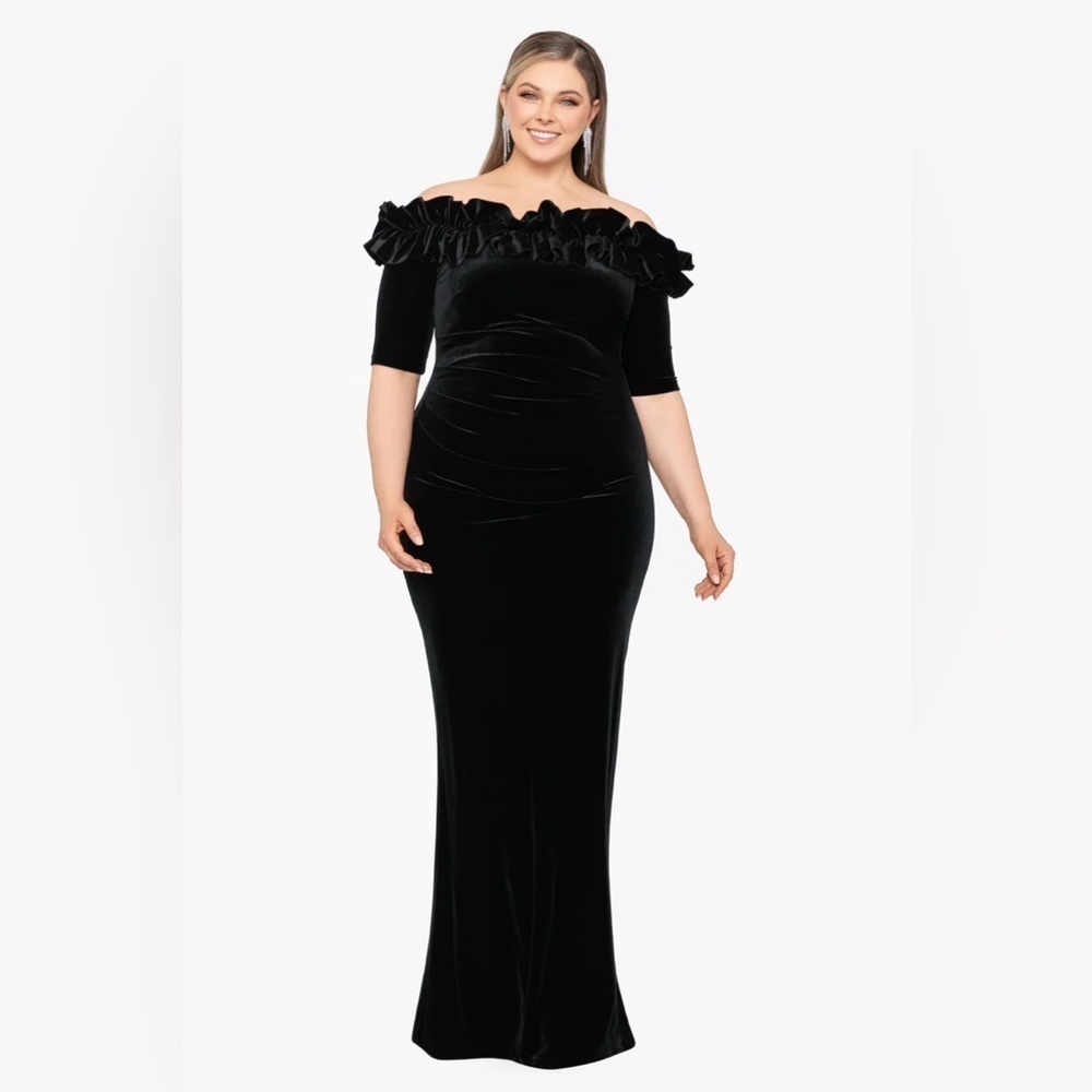 Xscape “TIFFANY" LONG VELVET 3/4 SLEEVE RUFFLE TOP DRESS